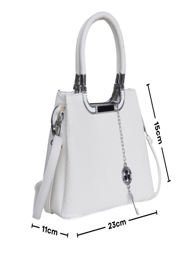SANTORINI Élysée Women’s Textured small Satchel Bag | Multi-Compartment Design with Detachable Sling Strap & Charm - Premium Small Handbag for women (White) - Image 2